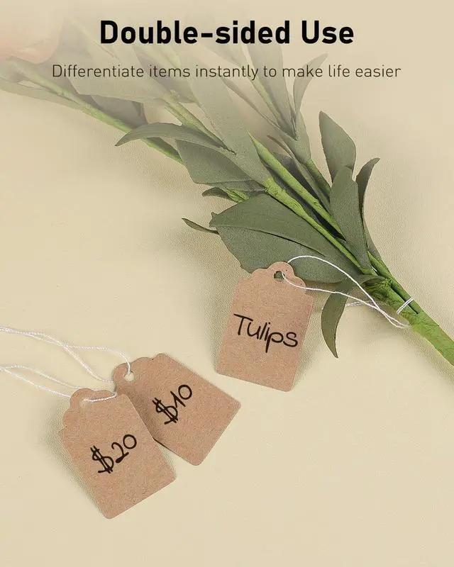 Alt view image 2 of 7 - Uniclife 200 Pcs Price Tags with String Attached 1 Inch Writable Brown Kraft Paper Tags Hang Tag Price Display Labels for Pricing Clothing Jewelry Blank Merchandise Marking Tag, 1 3/8" x 7/8"