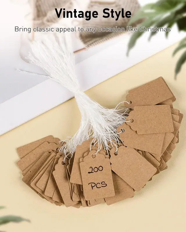 Alt view image 4 of 7 - Uniclife 200 Pcs Price Tags with String Attached 1 Inch Writable Brown Kraft Paper Tags Hang Tag Price Display Labels for Pricing Clothing Jewelry Blank Merchandise Marking Tag, 1 3/8" x 7/8"