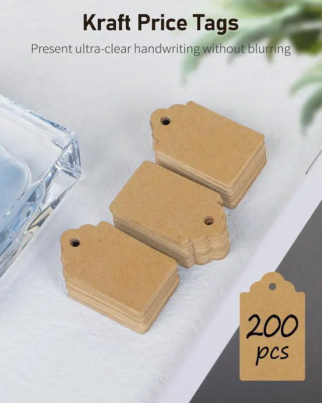 Alt view image 3 of 7 - Uniclife 200 Pcs Price Tag with String Attached Writable Brown Kraft Paper Tags with Jute Twine Hang Tag Price Display Labels for Clothing Jewelry Blank Merchandise Marking Tags, 1 3/8" x 7/8"