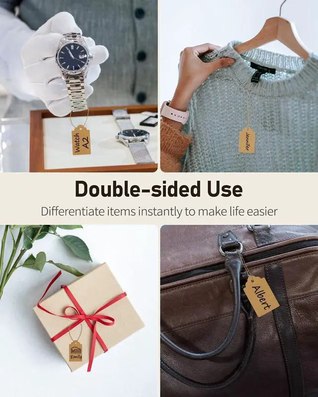 Alt view image 7 of 7 - Uniclife 200 Pcs Price Tag with String Attached Writable Brown Kraft Paper Tags with Jute Twine Hang Tag Price Display Labels for Clothing Jewelry Blank Merchandise Marking Tags, 1 3/8" x 7/8"