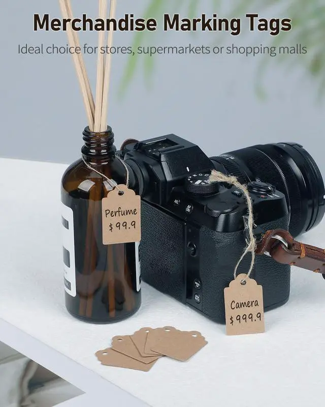 Alt view image 5 of 7 - Uniclife 200 Pcs Price Tag with String Attached Writable Brown Kraft Paper Tags with Jute Twine Hang Tag Price Display Labels for Clothing Jewelry Blank Merchandise Marking Tags, 1 3/8" x 7/8"