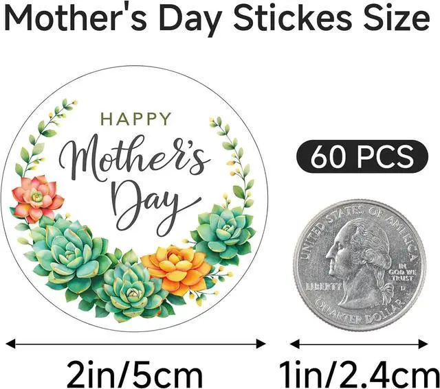 Alt view image 2 of 7 - G2PLUS Mother's Day Stickers - 60Pcs Happy Mothers Day Gift Stickers 2 inches Round Mother's Day Labels Stickers with Succulent Plants for Mom's Gifts, Cards, Party Favors