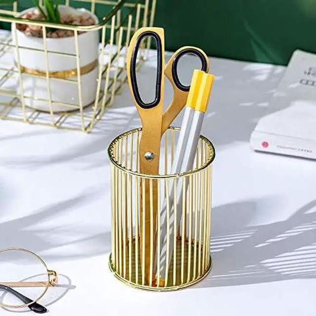 Alt view image 3 of 7 - HSYMQ Gold Metal Pen Holder for Desk, Makeup Brushes Cup, Pencil Holders, Office&Home Organizer