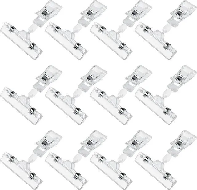 Main image of Clear Sign Clips Merchandise Display 12 Pack Plastic Label Pop Clips on Sign Holder Shelf Double Sided Swivel Price Tag Holders on Clothing Rack Rotatable Menu Clamps for Sale Retail Display