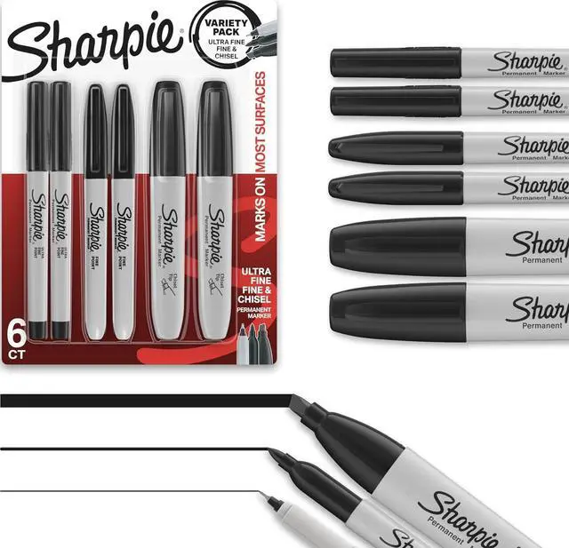 Main image of Sharpie Permanent Markers Variety Pack, Includes Chisel, Fine, and Ultra-Fine Tips, Black, 6 Count - Poster, Office, School Supplies
