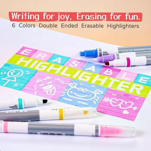 Alt view image 2 of 7 - Erasable Highlighters Assorted Colors 6 Count, Dual Chisel Tip, Smooth Writing, Quick Dry, Office and School Supplies, For Note Taking, Gifts