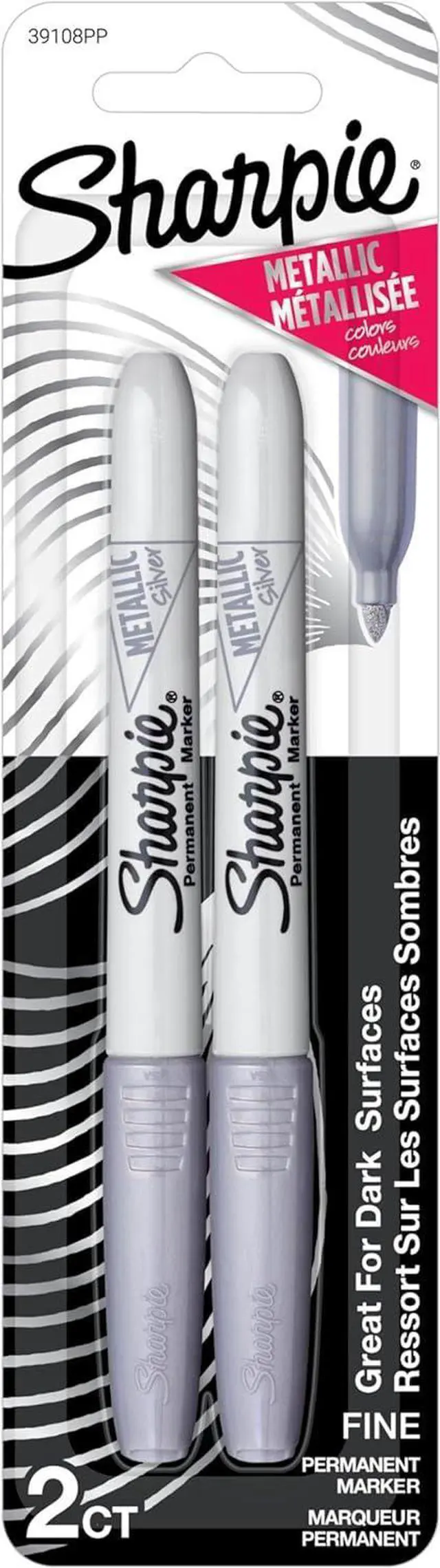 Main image of Sharpie Metallic Permanent Markers, Fine Point, Silver, 2 Count - For Black Paper or Dark Surfaces, Arts & Crafts, Posters