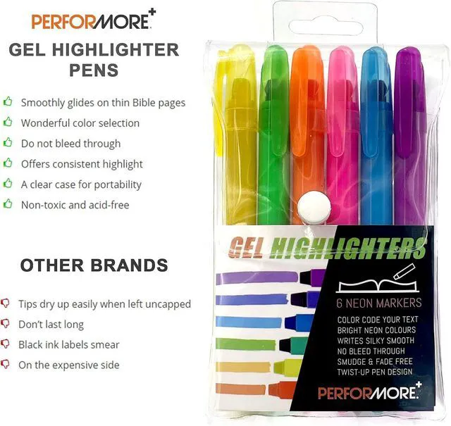 Alt view image 2 of 7 - Performore - 6 Pack Student Gel Highlighters Assorted Colors, 6 Different Bright Highlight Colors Yellow, Pink, Green, Blue & more, Multicolor No Bleed & Smearing Marker Pens for Journaling & Studying