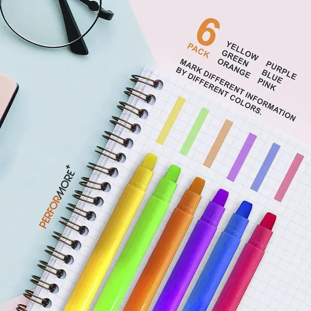 Alt view image 3 of 7 - Performore - 6 Pack Student Gel Highlighters Assorted Colors, 6 Different Bright Highlight Colors Yellow, Pink, Green, Blue & more, Multicolor No Bleed & Smearing Marker Pens for Journaling & Studying