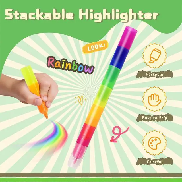 Alt view image 2 of 7 - Stackable Rainbow Highlighters for Kids, 6 Colors x 7 Pieces Fluorescent Markers, Portable Coloring Pens for School, Art & Party Favors