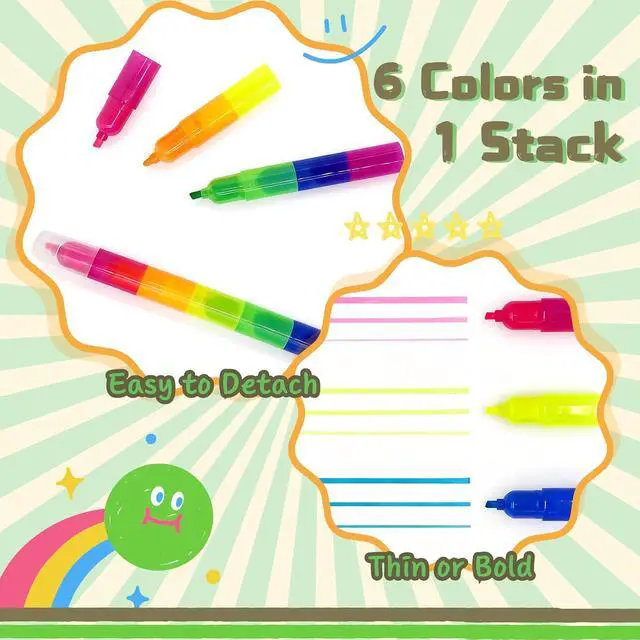 Alt view image 4 of 7 - Stackable Rainbow Highlighters for Kids, 6 Colors x 7 Pieces Fluorescent Markers, Portable Coloring Pens for School, Art & Party Favors