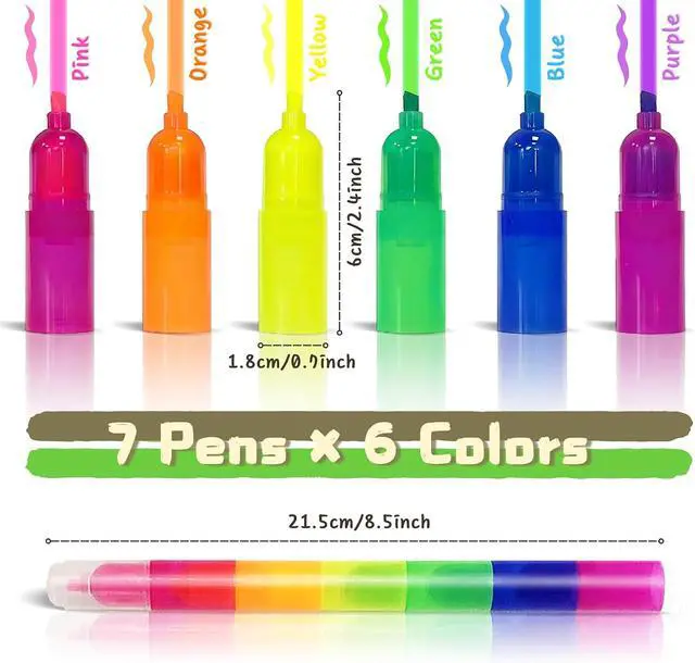 Alt view image 7 of 7 - Stackable Rainbow Highlighters for Kids, 6 Colors x 7 Pieces Fluorescent Markers, Portable Coloring Pens for School, Art & Party Favors