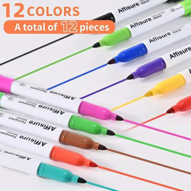 Alt view image 6 of 7 - Permanent Markers Assorted Colors Set, 12 Colored Markers 12 Pack, Fine PointWorks on Wood, Plastic, Metal, and More, for Adults, Artist, Teacher, Kids