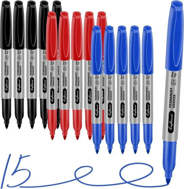 Main image of Fine Point Assorted Colors Permanent Markers Set, Works on Paper, Plastic, Metal, etc., for Adults, Artist, Teacher, Kids, Black, Blue, Red, 15 Count
