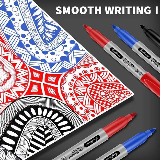 Alt view image 7 of 7 - Fine Point Assorted Colors Permanent Markers Set, Works on Paper, Plastic, Metal, etc., for Adults, Artist, Teacher, Kids, Black, Blue, Red, 15 Count