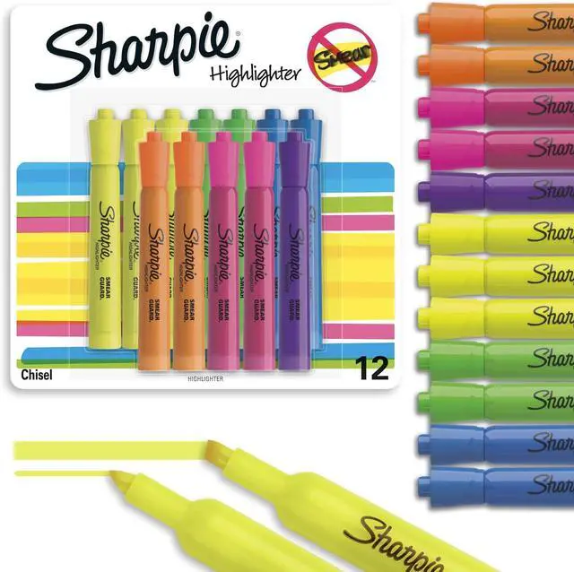 Main image of Sharpie Tank Highlighters, Assorted Colors, Chisel Tip, Back to School Essentials, Teacher & Office Supplies, Smear-Resistant, 12-Pack