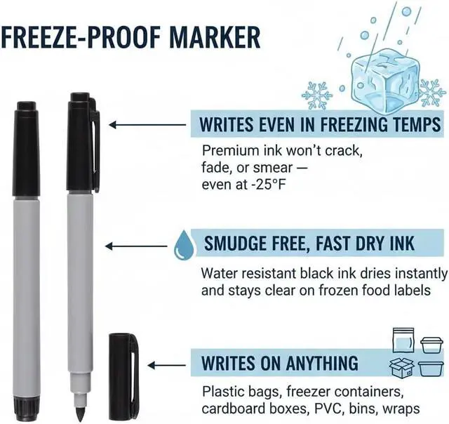 Alt view image 3 of 7 - Cadie Permanent Freezer Marker Set of 2 Waterproof Fast-Drying Black Fine Bullet Tip Ink Pens for Food Labeling, Fridge & Freezer Storage, Lab & Kitchen Use, & General Organization