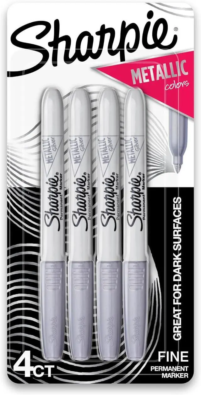 Main image of Sharpie Metallic Permanent Markers, Fine Point, Silver, 4 Count - For Black Paper or Dark Surfaces, Arts & Crafts, Posters