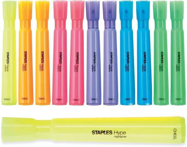 Main image of Staples Hype Highlighters, Chisel Tip, Fluorescent Yellow, 12-Pack