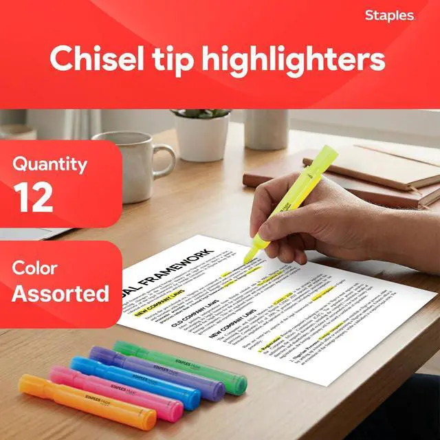 Alt view image 2 of 6 - Staples Hype Highlighters, Chisel Tip, Fluorescent Yellow, 12-Pack