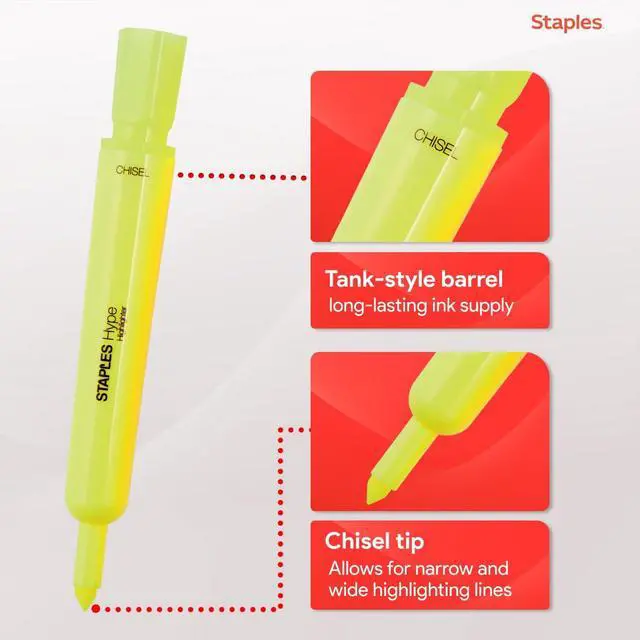 Alt view image 3 of 6 - Staples Hype Highlighters, Chisel Tip, Fluorescent Yellow, 12-Pack