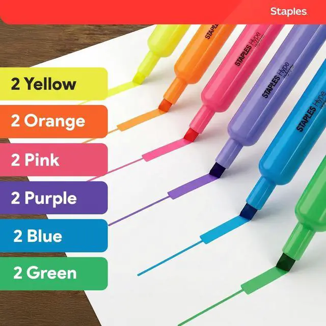 Alt view image 6 of 6 - Staples Hype Highlighters, Chisel Tip, Fluorescent Yellow, 12-Pack