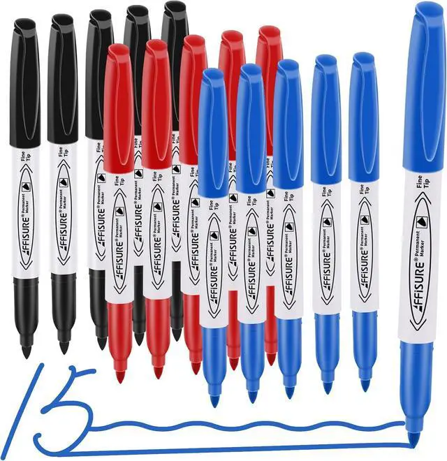 Main image of Permanent Markers, Black, Blue, Red, 15 Pack, Fine PointAssorted Colors Set, Works on Wood, Plastic, Metal, and More, for Adults, Artist, Teacher, Kids
