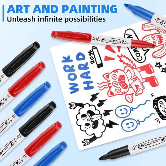 Alt view image 3 of 7 - Permanent Markers, Black, Blue, Red, 15 Pack, Fine PointAssorted Colors Set, Works on Wood, Plastic, Metal, and More, for Adults, Artist, Teacher, Kids