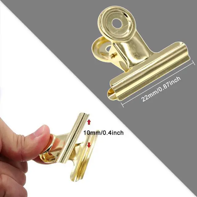 Alt view image 6 of 6 - Coideal Small Gold Bull Hinge Clips, 30 Pcs Tiny Metal Binder Paper Clips for Tags Bags, Pictures Photos, Wire Grid Wall Decor, Office and Home Kitchen (Light Gold, 22mm)