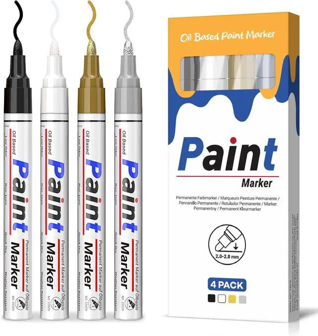 Main image of Paint Markers 4 Colors Oil Based Paint Pens Gold, Silver, Black & White Permanent Paint Marker Set for Metal, Wood, Glass, Rock, Fabric Waterproof Quick Dry, Easter Egg Decorating & DIY Crafts