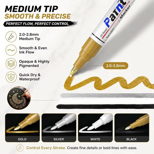Alt view image 2 of 7 - Paint Markers 4 Colors Oil Based Paint Pens Gold, Silver, Black & White Permanent Paint Marker Set for Metal, Wood, Glass, Rock, Fabric Waterproof Quick Dry, Easter Egg Decorating & DIY Crafts