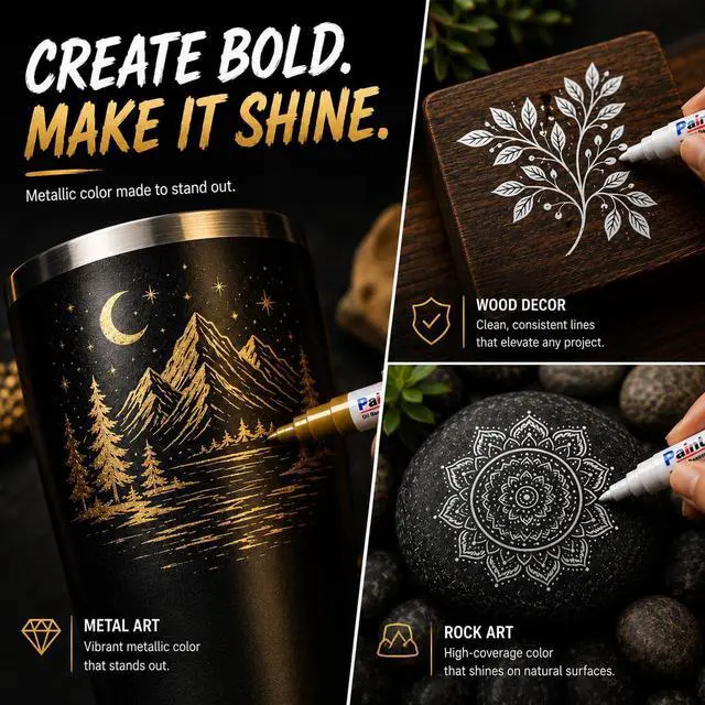 Alt view image 4 of 7 - Paint Markers 4 Colors Oil Based Paint Pens Gold, Silver, Black & White Permanent Paint Marker Set for Metal, Wood, Glass, Rock, Fabric Waterproof Quick Dry, Easter Egg Decorating & DIY Crafts