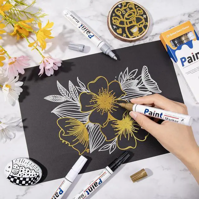 Alt view image 7 of 7 - Paint Markers 4 Colors Oil Based Paint Pens Gold, Silver, Black & White Permanent Paint Marker Set for Metal, Wood, Glass, Rock, Fabric Waterproof Quick Dry, Easter Egg Decorating & DIY Crafts