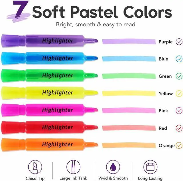 Alt view image 2 of 7 - 7 Pack Aesthetic Pastel Tank Style Highlighters, Chisel Tip
