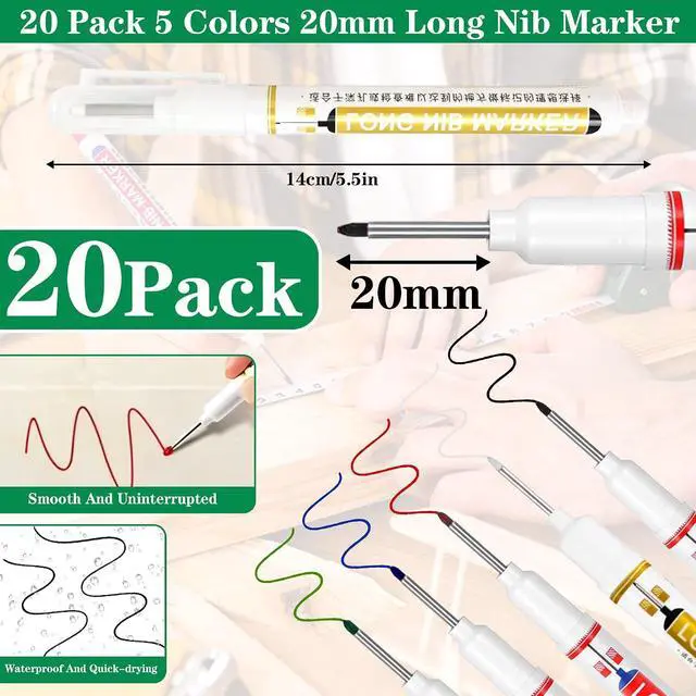 Alt view image 2 of 7 - 20 Pcs Long Nib Marker 20mm Long Head Deep Hole Marker Pens Deep Reach Permanent Paint Markers Marking Pen for Metal Drilling Construction CarpenterBlack,White,Blue,Red,Green