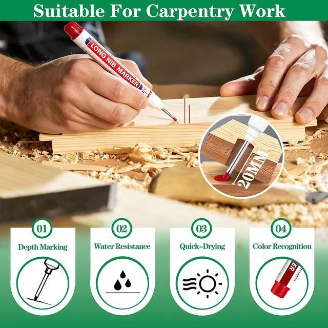 Alt view image 3 of 7 - 20 Pcs Long Nib Marker 20mm Long Head Deep Hole Marker Pens Deep Reach Permanent Paint Markers Marking Pen for Metal Drilling Construction CarpenterBlack,White,Blue,Red,Green