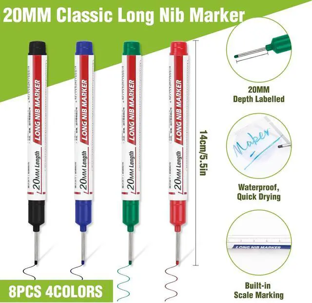 Alt view image 2 of 7 - 8pcs Long Nib Marker, Long Head Deep Hole Marker Pens, Waterproof Construction Markers Marking Tool, Multi-Purpose Deep Reach Pen Makes For Metal, Carpenter, Woodworking, Gift for Father's Day