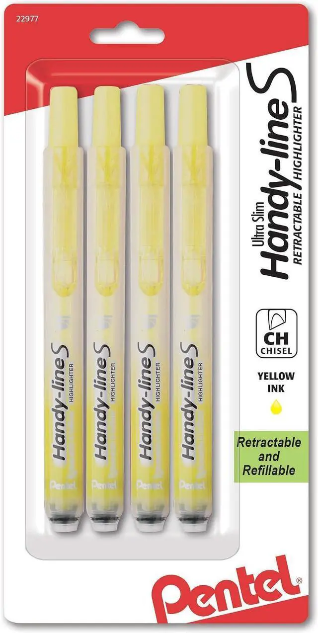 Main image of Pentel Handy-Line S Retractable Highlighter, Chisel Tip, Yellow Ink, 4/Pack (SXS15BP4G)