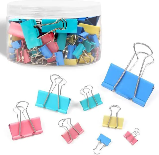 Main image of Joyberg 125Pcs Binder Clips Colored, Binder Clips Assorted Sizes, 6 Sizes Binder Paper Clips for Office Supplies/Home/School (Blue, Pink, Yellow, Green)