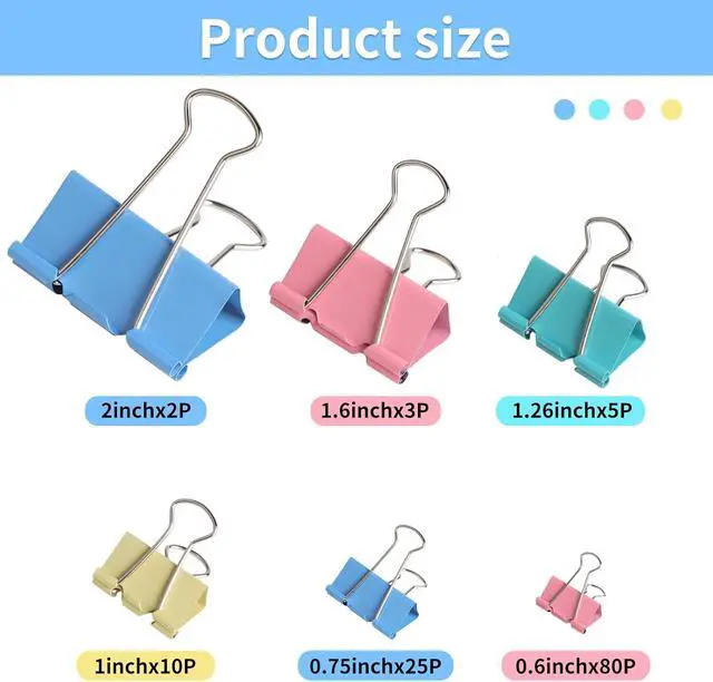 Alt view image 2 of 7 - Joyberg 125Pcs Binder Clips Colored, Binder Clips Assorted Sizes, 6 Sizes Binder Paper Clips for Office Supplies/Home/School (Blue, Pink, Yellow, Green)