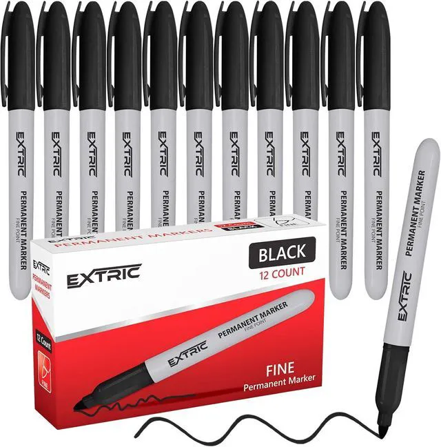 Main image of EXTRIC Permanent Markers Black, 12 Count Fine Point Markers, Quick Drying, Works on wood, Paper, Plastic, Metal and Glass, for Home, Office and School use