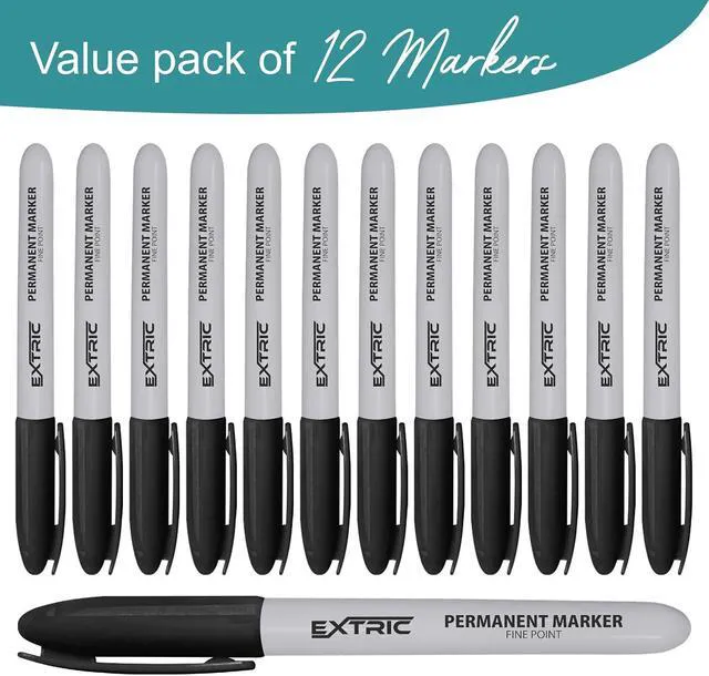 Alt view image 2 of 6 - EXTRIC Permanent Markers Black, 12 Count Fine Point Markers, Quick Drying, Works on wood, Paper, Plastic, Metal and Glass, for Home, Office and School use