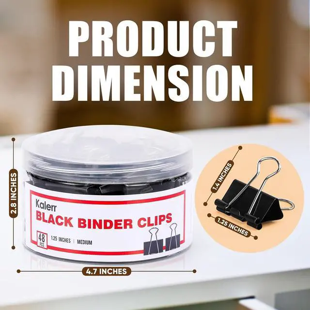 Alt view image 2 of 7 - Binder Clips, 48 Pcs Medium Binder Clips, Kalerr Black Binder Clip Medium, 1.25 Inches Office Clip with Container, Paper Binder Clip Office Supplies, Paper Clamps Bulk for Office, Home, School