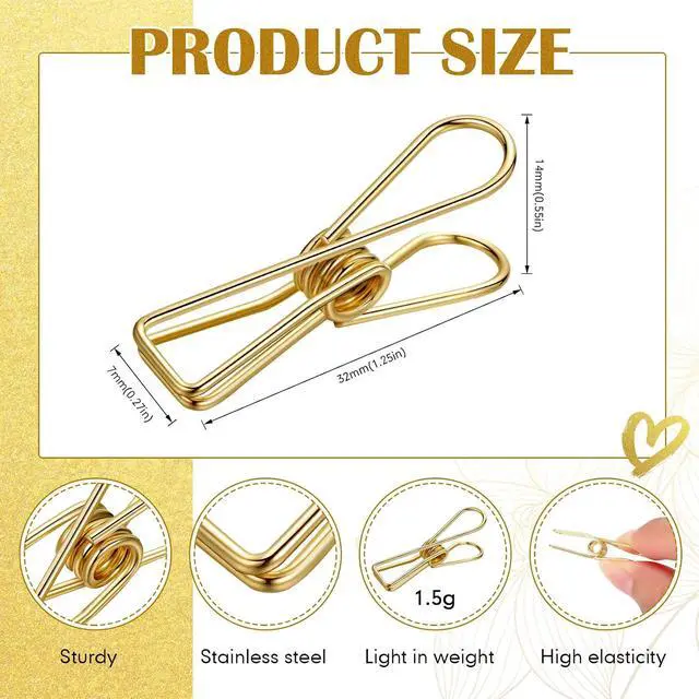 Alt view image 2 of 7 - Sabary 100 Pcs Paper Clip Metal Wire Clothespin,Small,Gold