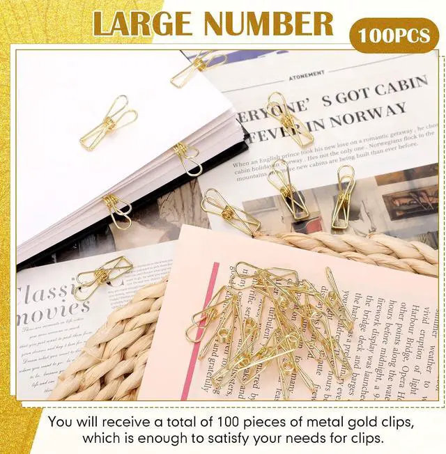 Alt view image 3 of 7 - Sabary 100 Pcs Paper Clip Metal Wire Clothespin,Small,Gold