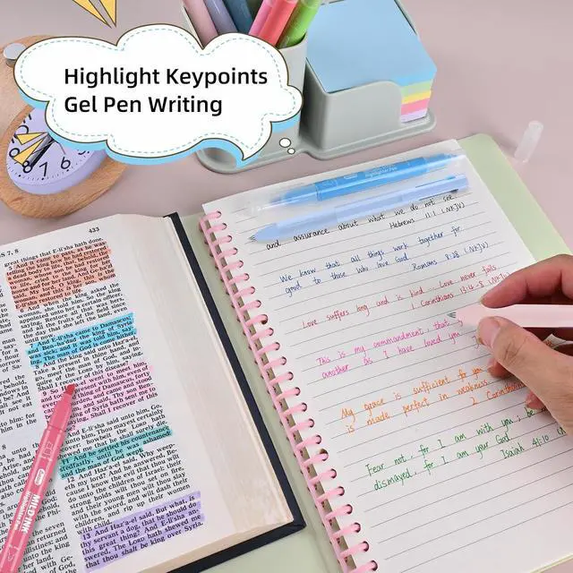 Alt view image 5 of 7 - 10 Pcs Aesthetic Highlighters and Gel Pens Set - 8 Colors Dual Tip Pastel Highlighters (Chisel & Fine Tips) & 2 Pcs 3-in-1 Multicolor Gel Pens for Journaling, School Supplies, Textbooks