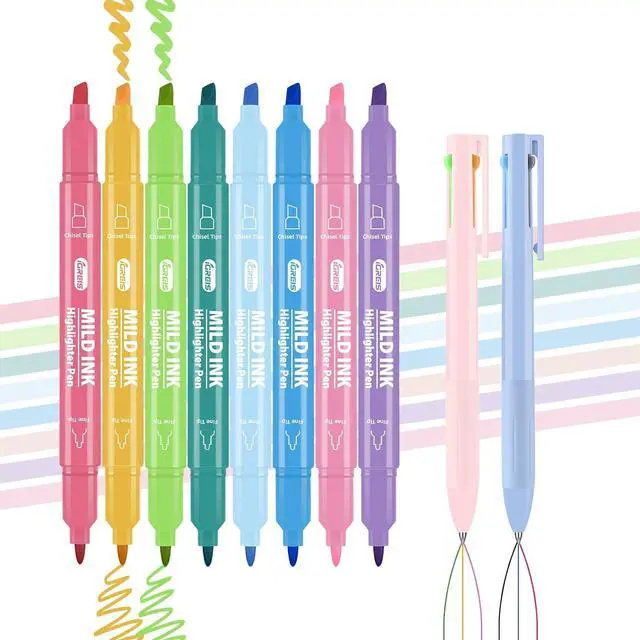 Main image of 10 Pcs Aesthetic Highlighters and Gel Pens Set - 8 Colors Dual Tip Pastel Highlighters (Chisel & Fine Tips) & 2 Pcs 3-in-1 Multicolor Gel Pens for Journaling, School Supplies, Textbooks