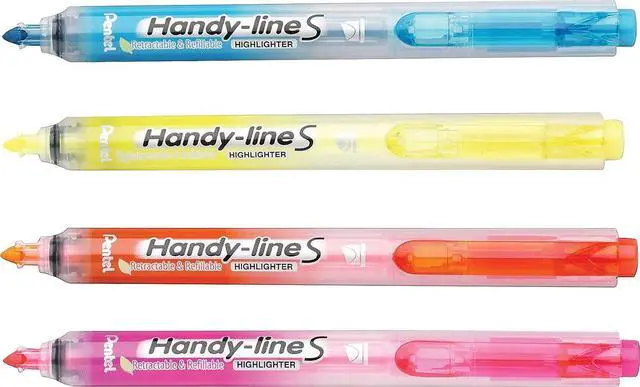 Main image of Pentel Handy-Line S Retractable Highlighter, Chisel Tip, Assorted Ink Colors, 4/ Pack (SXS15BP4M)