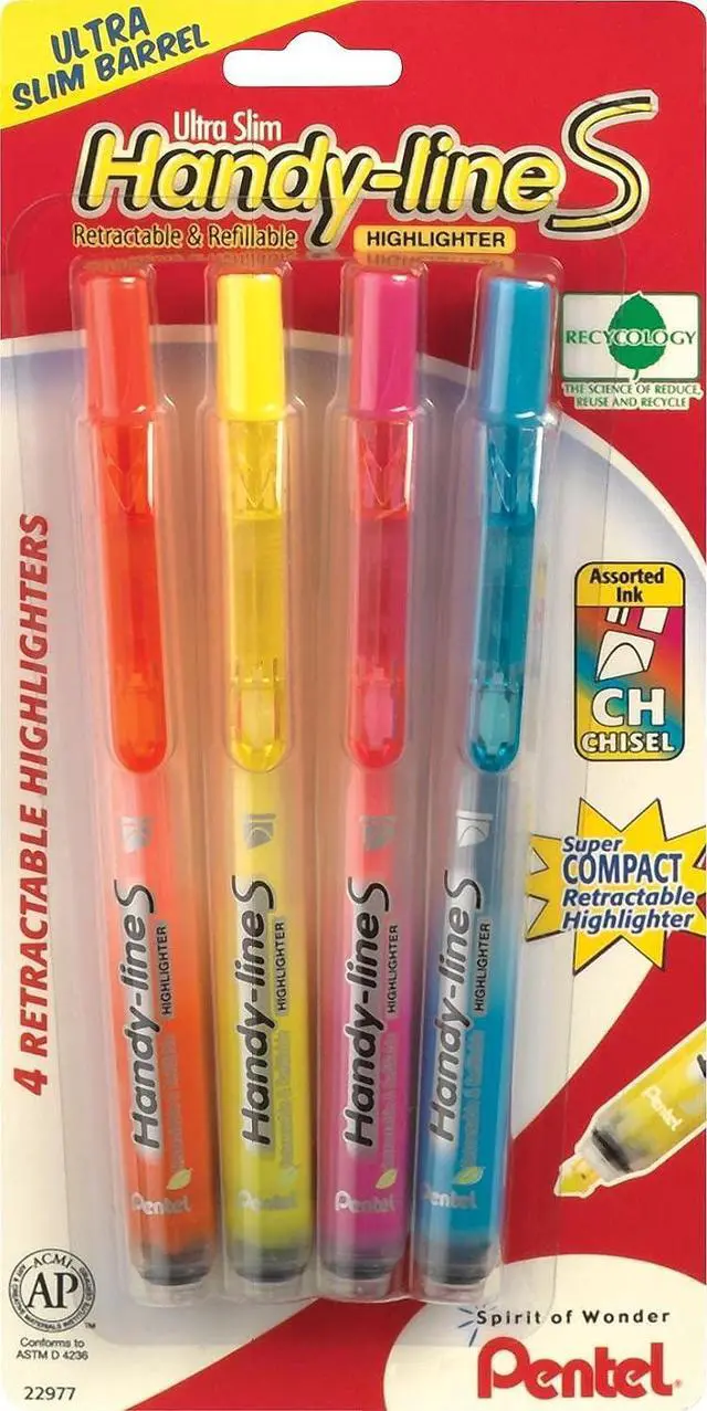 Alt view image 2 of 2 - Pentel Handy-Line S Retractable Highlighter, Chisel Tip, Assorted Ink Colors, 4/ Pack (SXS15BP4M)