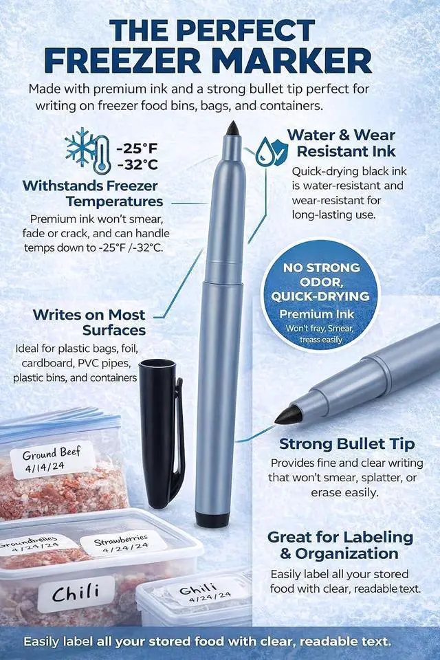 Alt view image 7 of 7 - Cadie Permanent Freezer Marker Set of 2 Waterproof Fast-Drying Black Ink Pens with Chisel Tip for Food Labeling, Fridge & Freezer Storage, Kitchen & Lab Use & General Organization.